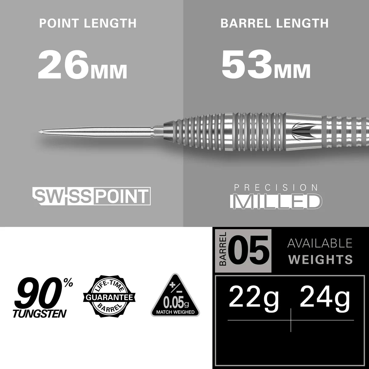 BOLIDE 05 SWISS POINT 90% TUNGSTEN STEEL TIP DARTS BY TARGET