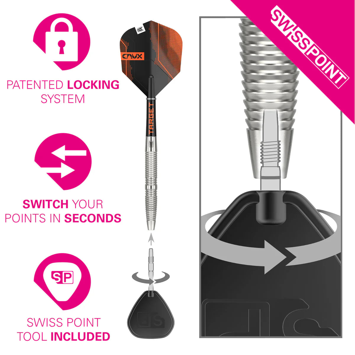 CRUX 02 90% TUNGSTEN SWISS POINT STEEL TIP DARTS BY TARGET